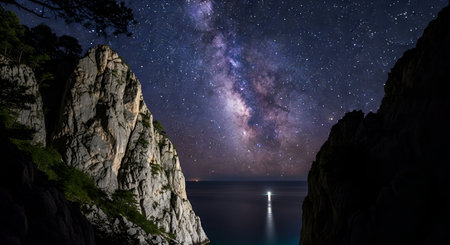 The majestic Milky Way galaxy stretches across a clear night sky, filled with countless stars....