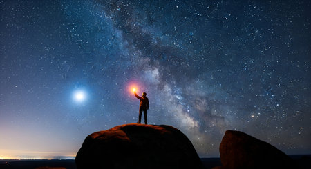 A lone figure stands silhouetted on a large rock formation, holding a bright light aloft. Above, the vast expanse of the night sky is filled with countless stars and the luminous band of the Milky Way galaxy. A bright planet or star is visible to the left. The image captures a sense of awe and cosmic exploration.の写真素材