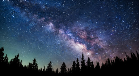 The Milky Way galaxy stretches across a dark night sky, filled with countless stars and colorful...