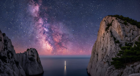 A breathtaking view of the Milky Way galaxy stretching across a dark night sky above a calm sea. Jagged, rocky cliffs frame the scene on either side, with a small sailboat visible in the distance, its light reflecting on the water. The vibrant colors of the nebula within the galaxy contrast with the deep blues of the sky and sea.の写真素材