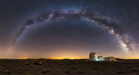 A panoramic night view of an observatory with domes under a vast arch of the Milky Way galaxy. The...