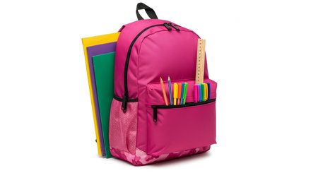 A bright pink backpack is shown from the front, standing upright on a white background. The main...