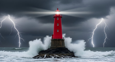 A tall, red lighthouse stands defiantly on a rocky outcrop in the turbulent sea. Massive waves crash...