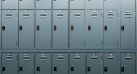 A full frame shot of multiple rows of blue metal lockers. Each locker has a silver handle and a vent...