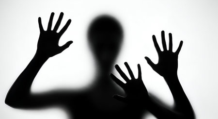 The dark silhouettes of several hands and a human figure are visible pressed against frosted glass. The figures are indistinct and blurred, creating a sense of mystery and unease. The lighting suggests a bright source behind the glass, casting the figures in stark shadow.の写真素材