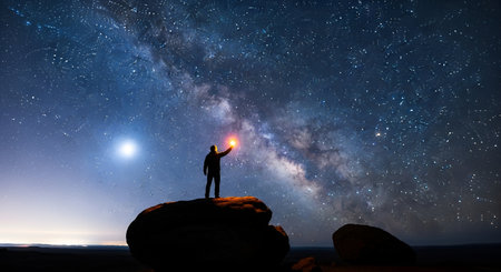 A lone silhouette of a person stands on a large rock formation, holding a small light source aloft....