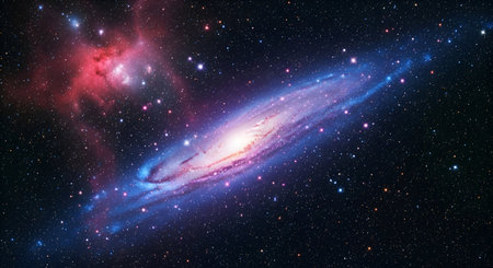 A vibrant spiral galaxy, resembling Andromeda, dominates the frame. Its arms are outlined in blue and pink hues, swirling around a bright central core. To the left, a pink and red nebula adds a splash of color and texture to the dark expanse of space, which is dotted with numerous small stars.の写真素材
