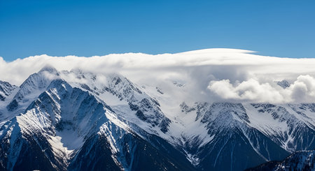 A panoramic view of majestic snow-covered mountain peaks under a clear blue sky. A distinctive...