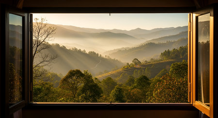 An expansive view of a misty mountain valley at sunrise, seen through an open wooden window. Golden...