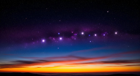 A stunning view of the night sky filled with stars and a vibrant purple nebula. Below, a colorful...