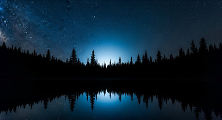 A breathtaking night scene featuring a dense forest silhouetted against a deep blue sky filled with...