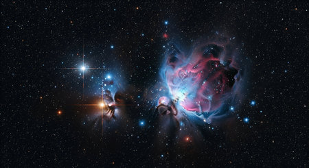 A breathtaking view of the Orion Nebula, a vast cloud of gas and dust in deep space. Vibrant colors...