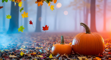 Forest showing two pumpkins on autumn forest floor with falling leaves. High resolution image...