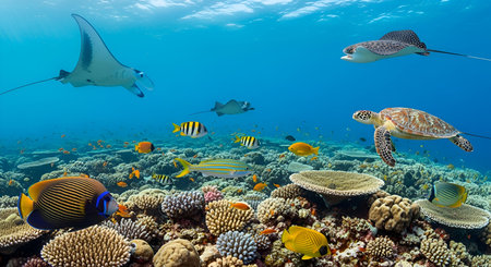 An underwater scene showcases a diverse and vibrant coral reef teeming with marine life. Various...
