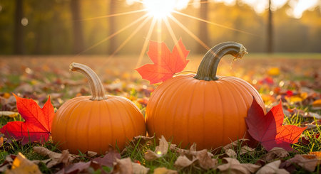 Two bright orange pumpkins sit on the ground amidst fallen autumn leaves and green grass. Golden...