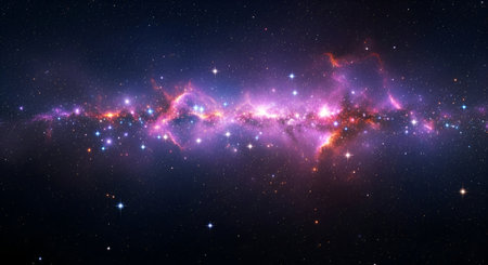 This image depicts a breathtaking view of deep space, dominated by a vibrant, colorful nebula....
