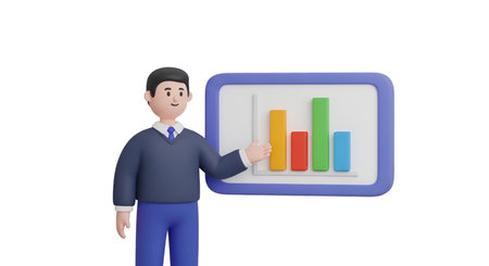 3d rendering of a man presenting a bar chart on a white background