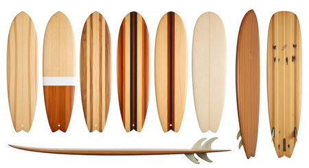 A collection of ten wooden surfboards is displayed against a white background. The surfboards vary in shape, size, and design, showcasing different wood grains and color patterns. Some have simple wooden finishes, while others feature stripes or accent panels. One surfboard is shown lying horizontally at the bottom, revealing its fins.の写真素材