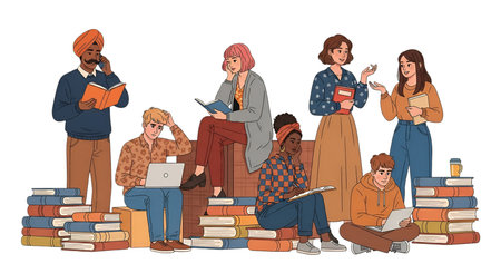 A diverse group of individuals is depicted engaged in reading and studying amidst large stacks of...