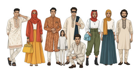 A diverse group of eight people, including men, women, and a child, are depicted standing and...