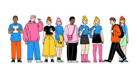 Graphic showing diverse group of people in casual modern clothing. High resolution image suitable...