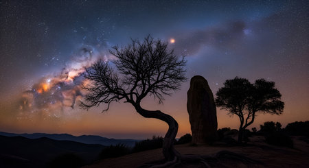 The Milky Way galaxy stretches across a dark night sky, its vibrant colors and star clusters vividly...