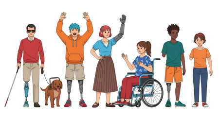 Animals showing diverse group of people with disabilities and assistance animals. High resolution...