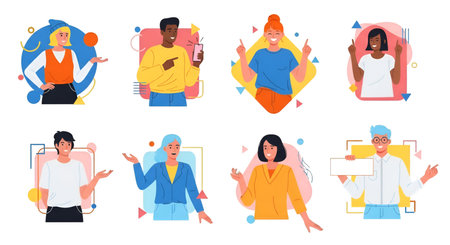 A collection of eight diverse individuals depicted in a flat illustration style. Each person is...