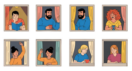 A grid of eight cartoon-style windows displays various people engaged in activities within their...