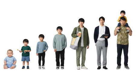A series of full-body shots showcasing the progression of a male from infancy to adulthood. The sequence includes a baby, a young child, a slightly older boy, a teenager, a young adult holding a drink and bag, a man holding a tablet, and finally a father carrying his young son on his shoulders. The figures are arranged in a line against a dark background.の写真素材