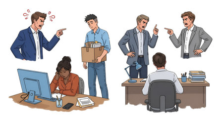 A collection of illustrations depicting various scenarios of conflict and stress within an office environment. Scenes include two men arguing and pointing fingers, a man looking dejected while holding a box of personal items, a woman appearing stressed while looking at a computer, and another man pointing aggressively at someone seated at a desk.の写真素材