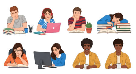Graphic showing students studying and feeling tired. High resolution image. High quality image with...