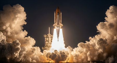 A space shuttle is captured mid-launch, ascending into a dark sky. Intense flames and massive plumes...