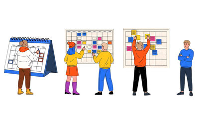 A group of people are depicted collaborating on project management tools. One person stands before...