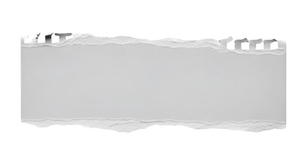 A horizontal strip of torn white paper with a rough, uneven edge across the bottom and top. The top edge features perforated holes, resembling a torn-out page from a notebook. The paper is flat and shows subtle texture. It is isolated on a black background.の写真素材
