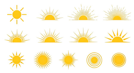 A collection of twelve yellow sun icons and symbols is displayed on a black background. The designs...