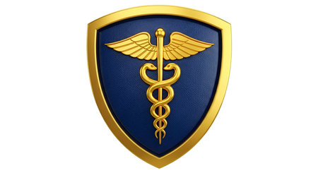 Graphic showing gold caduceus symbol on blue shield. High resolution image. High quality image with...