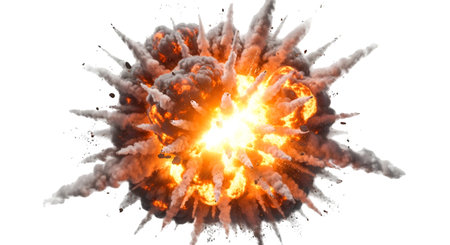 A powerful and intense fiery explosion captured mid-detonation. Bright orange and yellow flames...