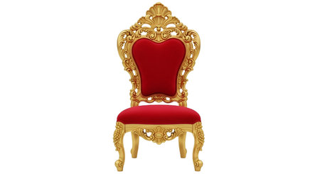 A highly detailed, ornate throne chair with a gilded gold frame and rich red velvet upholstery. The...