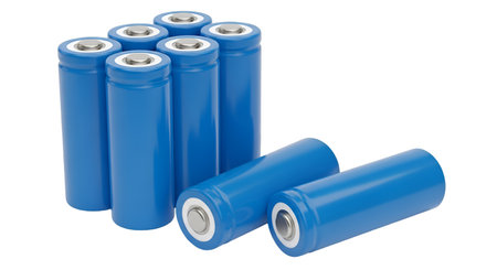 A group of seven blue cylindrical batteries is arranged on a black background. Six batteries stand...