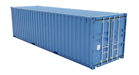 A single, bright blue shipping container is presented in a three-quarter view against a stark black...