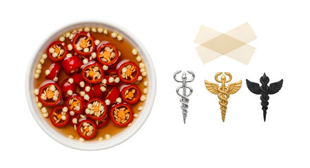A white bowl filled with sliced red chili peppers submerged in a light brown sauce is shown on the...
