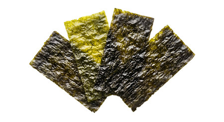 Dried showing four sheets of dried seaweed. High resolution image suitable for commercial use. High quality image with transparent background support.の写真素材
