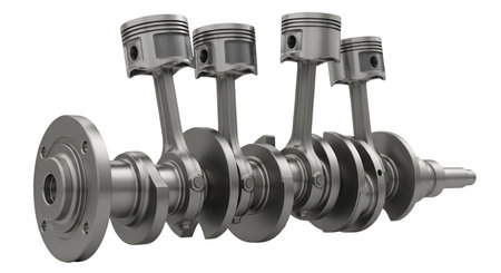 A detailed 3D rendering of an internal combustion engine's crankshaft, pistons, and connecting rods...