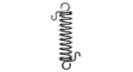 A single, shiny metal coil spring is shown vertically against a black background. The spring has a...