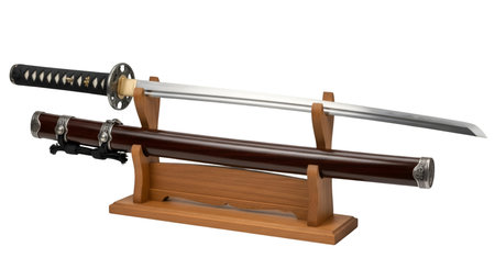 A Japanese katana sword is displayed horizontally on a wooden stand, with its dark wood scabbard...