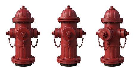 Hydrants showing three red fire hydrants isolated on black. High resolution image suitable for...