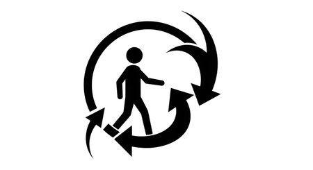 A stylized, white outline of a person walking is enclosed within a circular arrow motif against a...