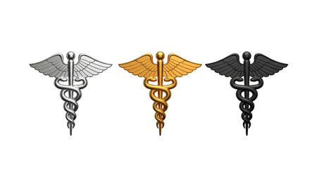 Graphic showing three caduceus symbols in silver gold and black. High resolution image suitable for...