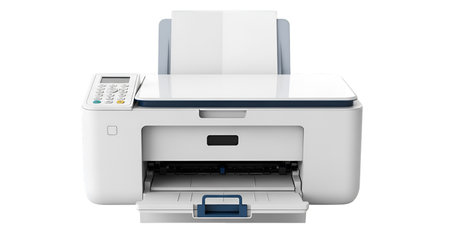 A white all-in-one printer with blue accents is shown from the front on a white background. Paper is...